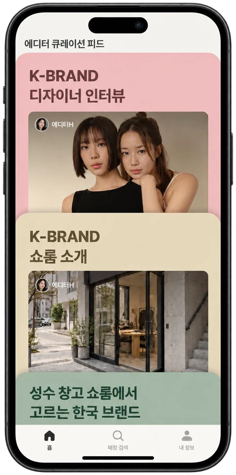 앱 홈의 에디터 큐레이션 피드 화면